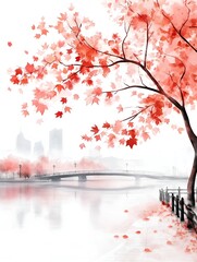 Autumn landscape with golden and orange leaves, misty background and tall trees, creating a mystical atmosphere and conveying the beauty of nature in warm colors