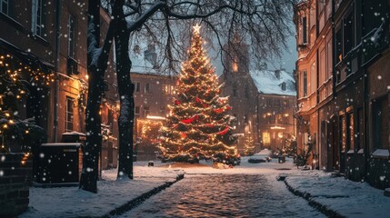 Decorated Christmas tree with colorful lights and a shining star on top in an illuminated winter city street at night