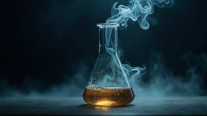 Close-up of a mystical Erlenmeyer flask with smoke effects and bubbling liquid, dark backdrop with atmospheric lighting