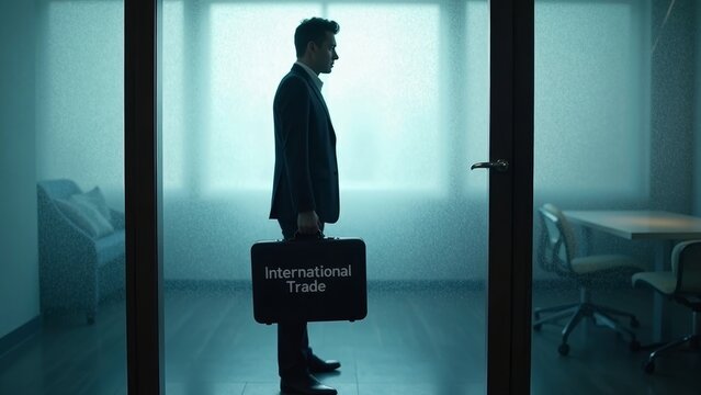 Silhouette of a businessman holding an 'International Trade' briefcase in a frosted glass office door - Powered by Adobe