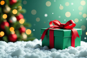Obraz premium Green gift box with a red bow, ready for Christmas cheer, Christmas background. 