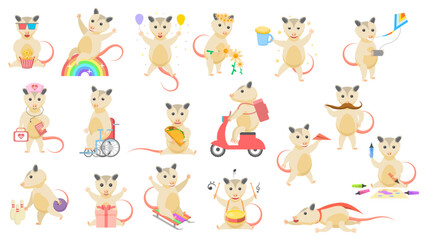 Big Set Abstract Collection Flat Cartoon Different Animal Opossums Vector Design Style Elements Fauna Wildlife