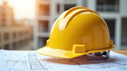 Yellow Safety Helmet on Blueprints Overlooking Construction Site