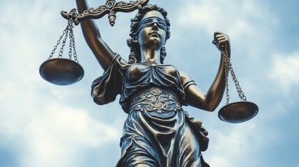 A bronze statue of Lady Justice holding scales, symbolizing fairness and law.
