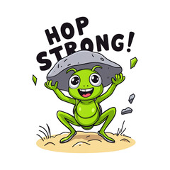 Cute Grasshopper Lifting Rock with "Hop Strong!" Text