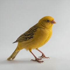 A full-body view of a canary, its tiny claws gripping an invisible perch on a white background.