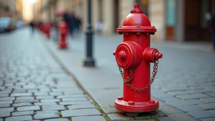 Vibrant red fire hydrant on cobblestone street with cityscape background