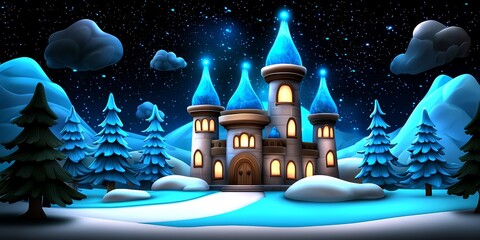 Naklejka premium Enchanting Winter Castle Night Scene Fantasy Illustration