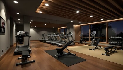 Fototapeta premium A modern and well-equipped home gym with various exercise equipment such as treadmills, weight benches, and free weights.