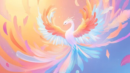 Obraz premium A white phoenix with orange, red, and blue feathers flies through a swirling field of colorful feathers.