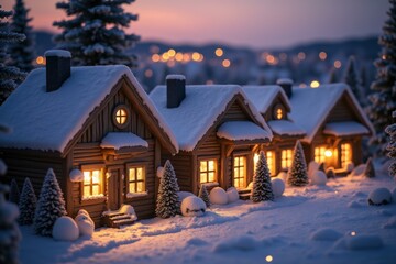 Fototapeta premium Enchanting Winter Village Scene: Cozy Log Cabins in Snowy Landscape, Perfect for Holiday Decorations or Christmas Cards