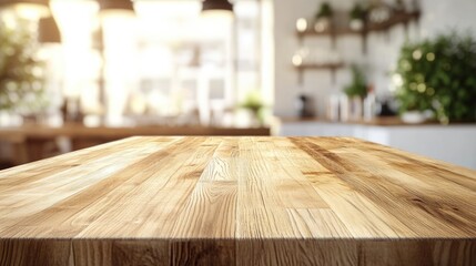 Empty beautiful wood tabletop counter on interior in clean and cafe with bokeh bright background. Ready for display, product montage.