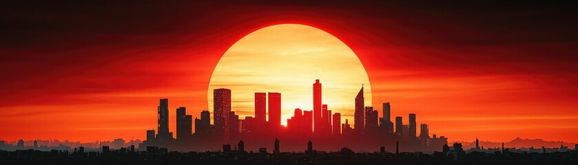 Naklejka premium A vibrant sunset casts an orange glow over a city skyline, creating a striking silhouette against the colorful sky.