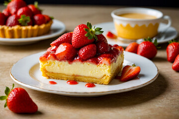 A slice of cheesecake with strawberries on a plate.