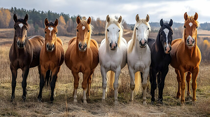Obraz premium Group of Horses Standing in a Field Photo