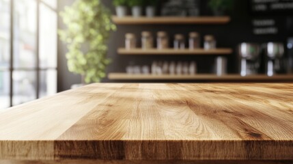 Empty beautiful wood tabletop counter on interior in clean and kitchen with bokeh bright background. Ready for display, product montage.