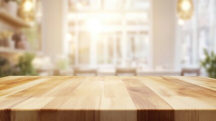 Empty beautiful wood tabletop counter on interior in clean and cafe with bokeh bright background. Ready for display, product montage.
