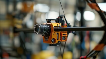 A close-up of a camera mounted on a drone for capturing aerial footage.
