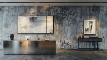 A minimalist office with a concrete wall mockup, showcasing a sleek metal desk and modern art pieces, with a mockup in the side.