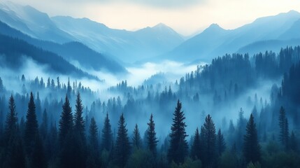 Obraz premium Misty mountain landscape with dense evergreen forest at dawn.