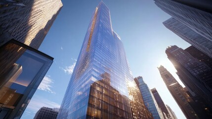 Naklejka premium Tall Skyscrapers Against Blue Sky at Close Perspective