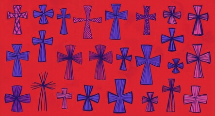 Fototapeta premium Purple Cross pattern hand drawn design on Red background illustration