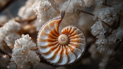 Obraz premium A detailed nautilus shell pendant surrounded by delicate flowers, showcasing natural beauty.