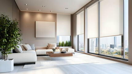 Fototapeta premium Modern Living Room Interior Design with Large Windows and City Views - 3D Illustration