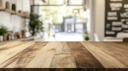 Empty beautiful wood tabletop counter on interior in clean and cafe with bokeh bright background. Ready for display, product montage.