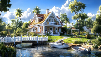 Obraz premium Dreamy Cottage by the River 3D Illustration