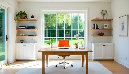 Fototapeta premium A bright and airy home office with a large window overlooking a lush green backyard . The room features a wooden desk , shelves displaying decorative items.
