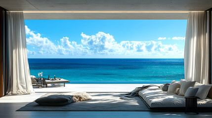 Ocean View Living Room with Patio and Infinity Pool - 3D Illustration