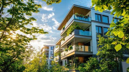 Modern High-Rise Residential Building Surrounded by Trees