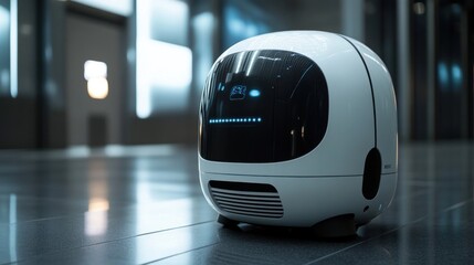 Obraz premium A sleek, futuristic robot on a smooth floor in a modern environment.