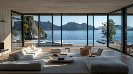 Fototapeta premium Modern Living Room with Stunning Lake View