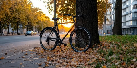 Fototapeta premium Autumn sunset cycling adventure urban street photography vibrant environment ground level outdoor lifestyle