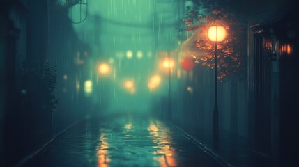 Naklejka premium A moody, rain-soaked street illuminated by glowing lamps, creating a serene atmosphere.