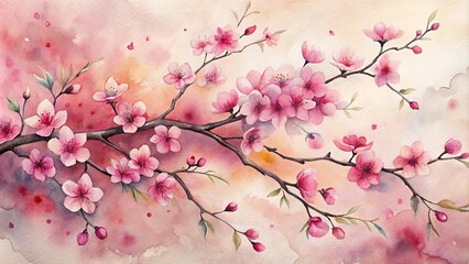 Obraz premium Delicate Watercolor Painting of a Branch Abundantly Blooming with Pink Flowers Against a Soft, Pastel Background