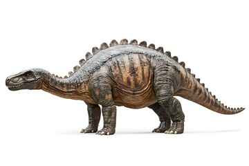 Fototapeta premium Majestic ampelosaurus with a long neck and tail strolling against a white backdrop, displaying its massive body