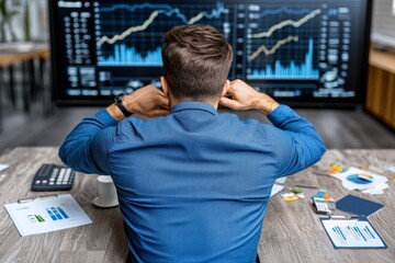 A futuristic office scene where a businessman is strategizing 2025 business goals. He analyzes trend graphs and financial data on a large digital screen, surrounded by charts, investment calculators,