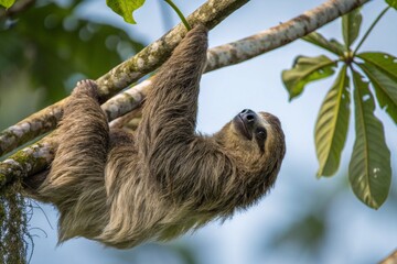 A three-toed sloth hangs upside down from a slender tree branch, its long, coarse fur draping around it.
