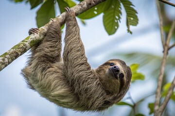 A three-toed sloth hangs upside down from a slender tree branch, its long, coarse fur draping around it.