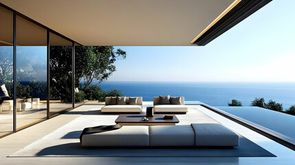 Fototapeta premium Modern Minimalist Patio Design with Ocean View - 3D Illustration