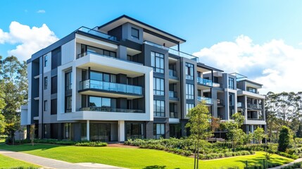 Modern Multi-Storey Apartment Complex Under Blue Sky
