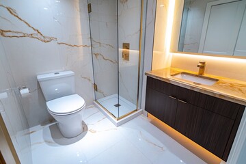 A newly renovated apartment bathroom with marble tiles, a large glass shower, and ambient lighting