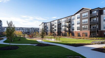 Fototapeta premium Modern Apartment Complex with Playground and Green Space