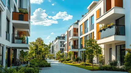Obraz premium Modern apartment building in a bright urban setting