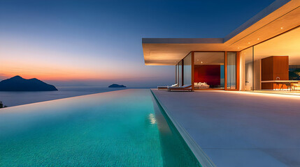 Fototapeta premium Modern Architecture with Infinity Pool and Ocean View - Realistic Image