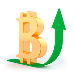 Golden bitcoin sign with green arrow. Growth concept. 3D rendering.
