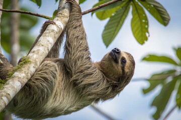 Naklejka premium A three-toed sloth hangs upside down from a slender tree branch, its long, coarse fur draping around it.